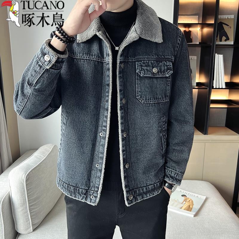 啄木鳥秋冬季牛仔男式夹克加绒加厚休闲时尚韩版翻领青年夹克外套