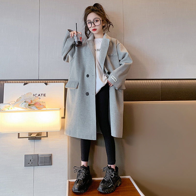 女大童贴标双面羊绒大衣2023新款韩版小女孩长款宽松加厚呢子外套