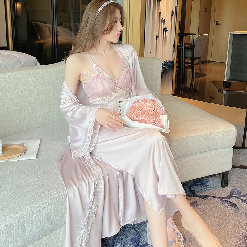 网红款性感睡衣女夏季冰丝薄款带胸垫蕾丝吊带睡裙睡袍家居服套装