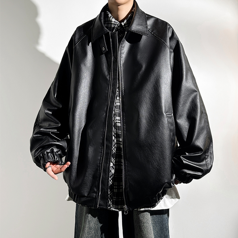 PU皮机车皮衣男秋冬季潮流高街痞帅夹克美式复古宽松休闲翻领外套