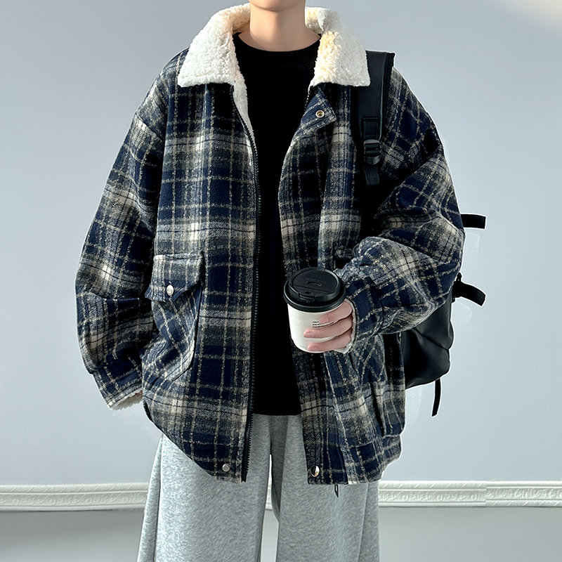 小香风格子外套男款秋冬保暖羊羔绒棉服美式复古宽松加绒加厚棉袄