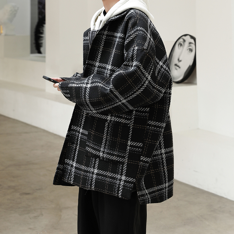 翻领格子毛呢外套男2023秋冬新款潮牌痞帅英伦风宽松加厚呢子大衣
