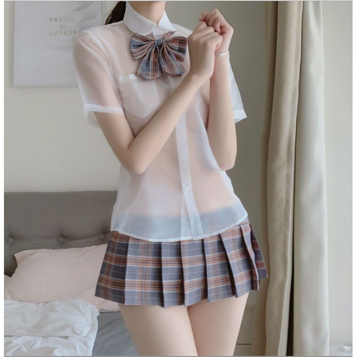 性感英伦格子内衣裙衬衫青春学生蝴蝶结领结百褶裙JK制服套装