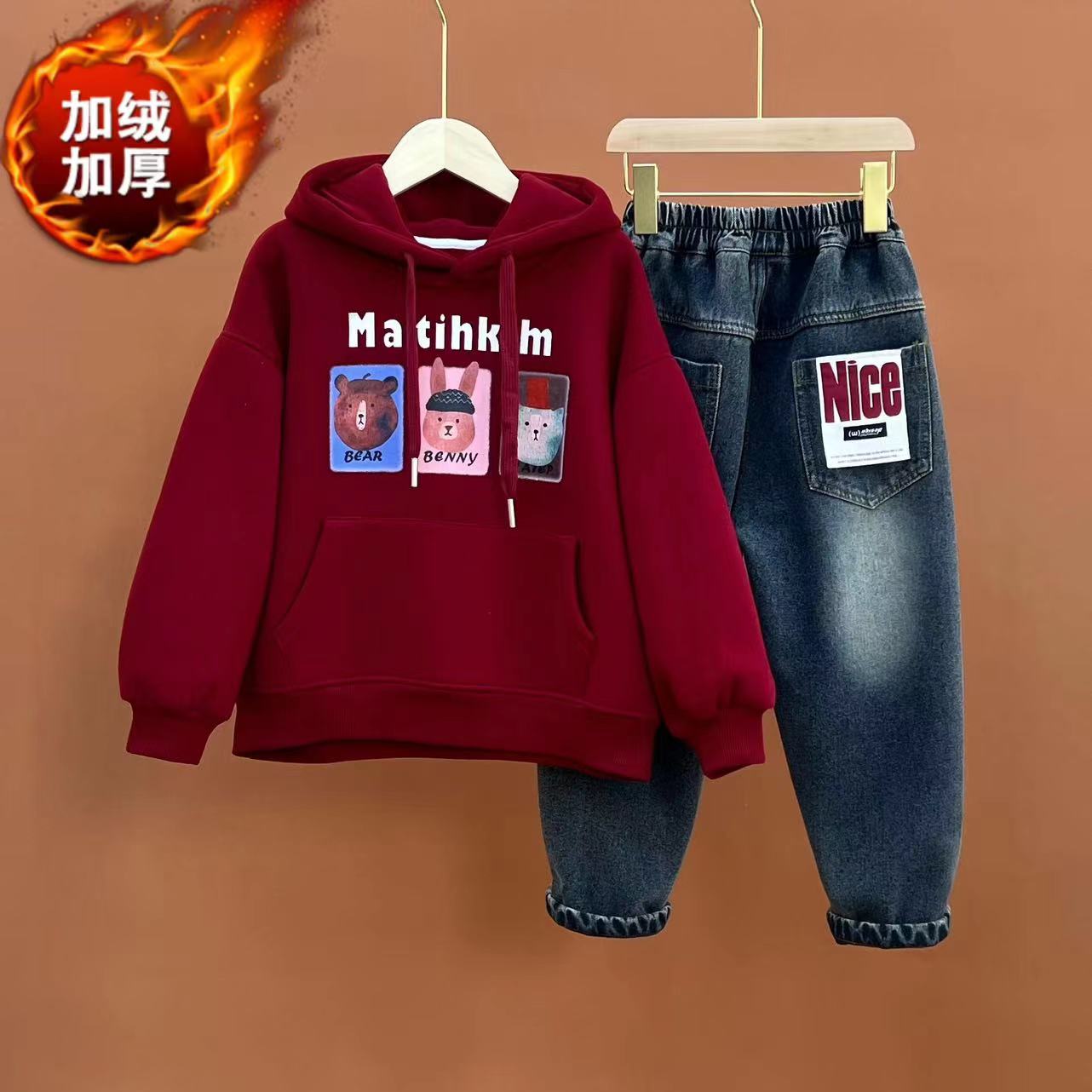 现货年服冬装男女童加厚加绒卫衣套装中大童一体绒上衣亲子装