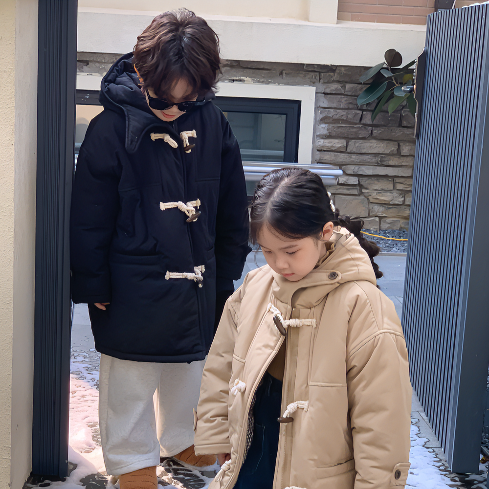 2023冬款男女童韩版加厚牛角扣大衣儿童休闲连帽中长款保暖秋冬