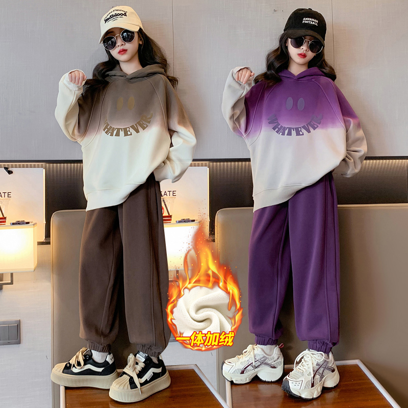 女童秋冬套装2023新款洋气中大童秋季加绒加厚儿童炸街卫衣两件套