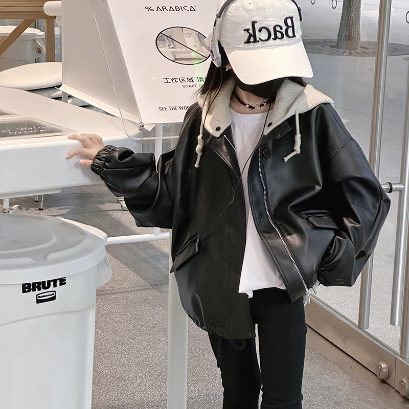 儿童百搭洋气2023潮新款秋冬女中大童网红时尚可拆卸PU皮衣外套潮