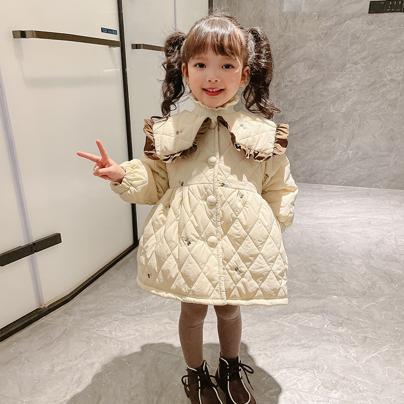 女童冬季新款樱桃绣花棉衣洋气外套宝宝儿童长款韩版秋冬加厚保暖