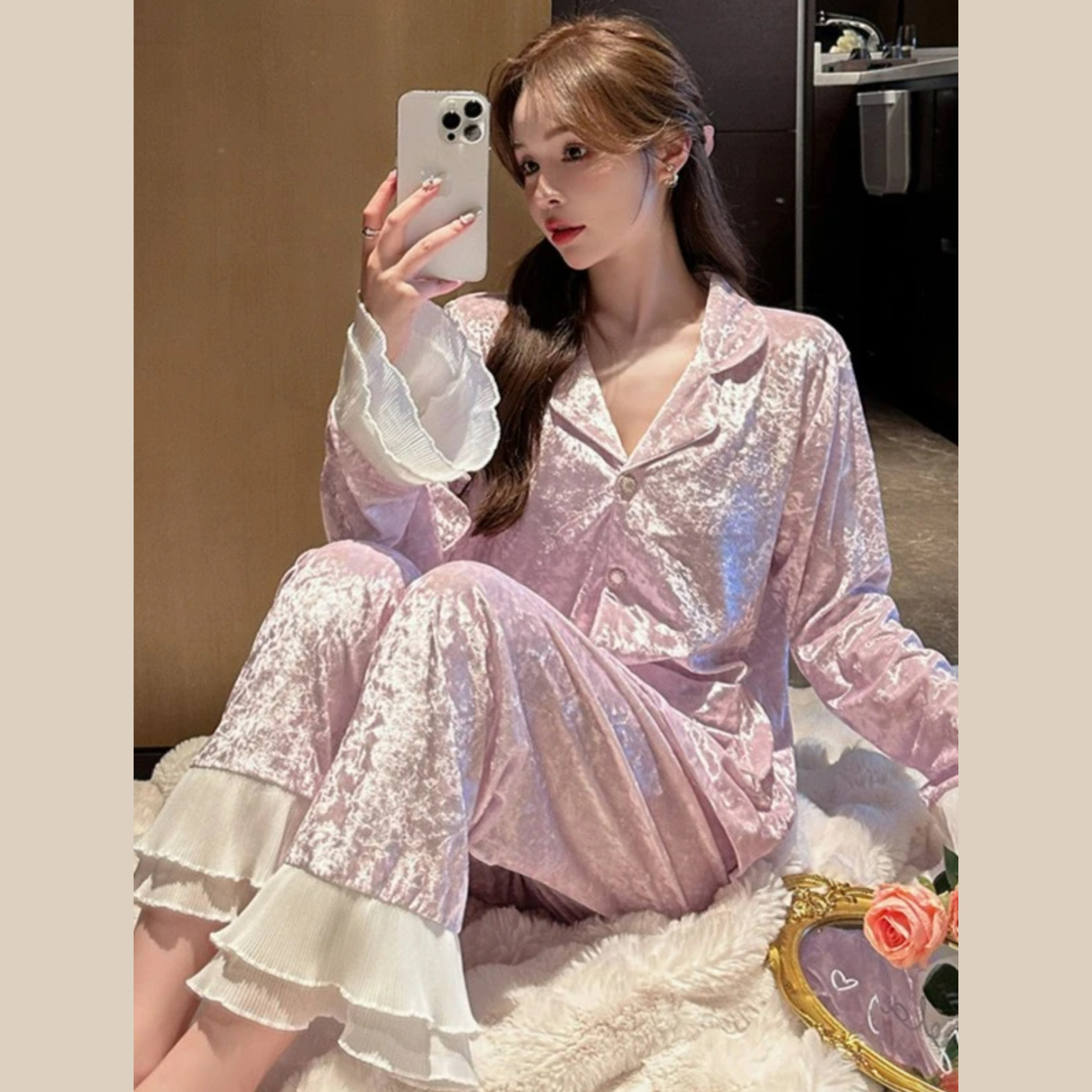 【富家千金】雪花绒睡衣秋冬甜美蕾丝花边开衫家居服两件套装睡衣女