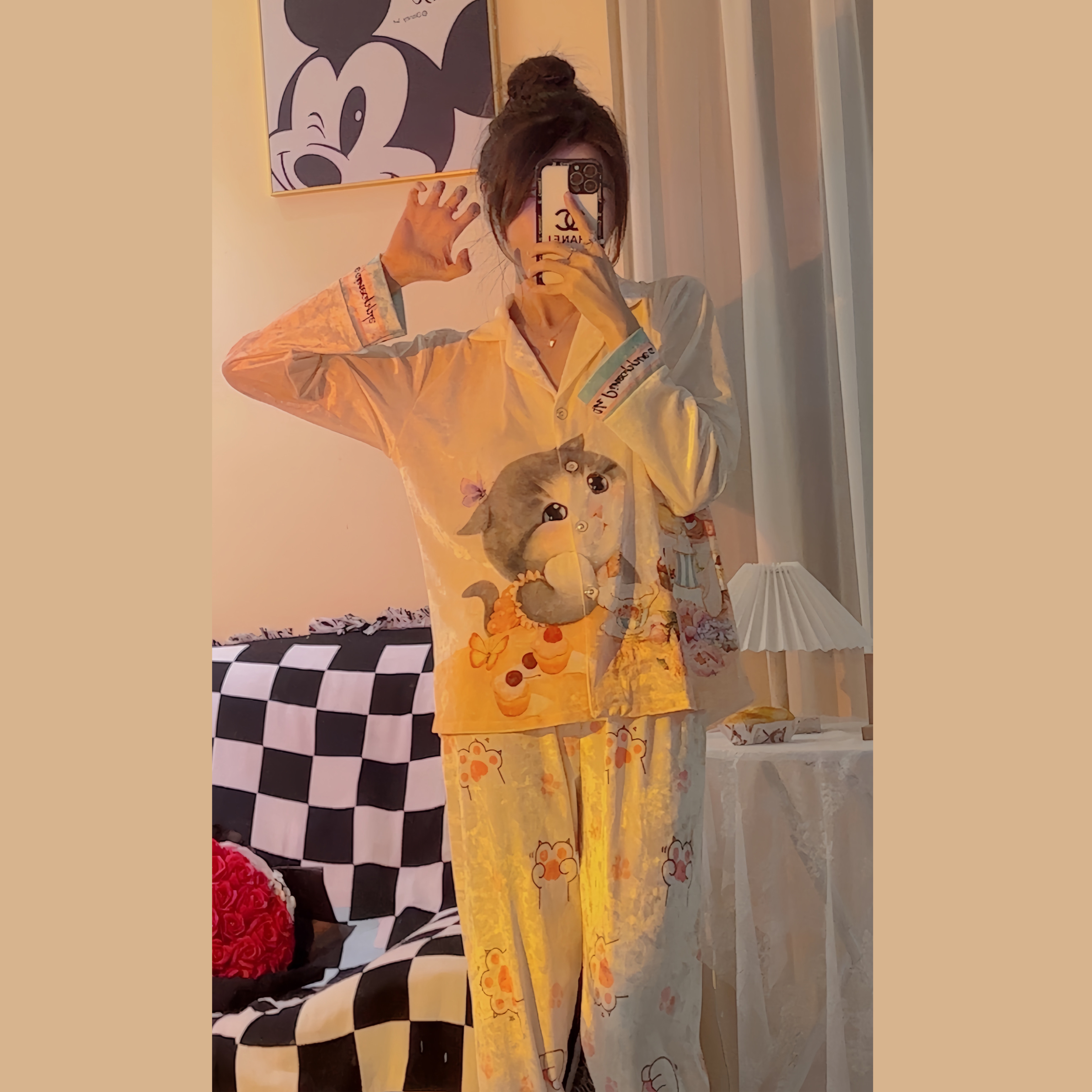 【做你的猫】雪花绒公主风秋冬睡衣女蕾丝砖石绒长袖家居服两件套装