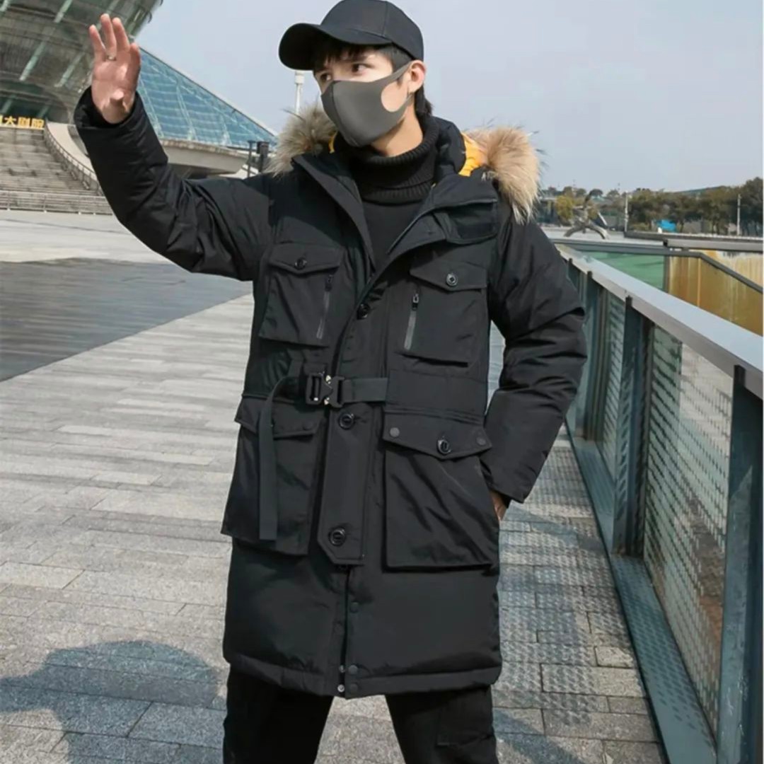 情侣款中长款羽绒服可脱卸毛领冬季新款工装拼接连帽Y-8939