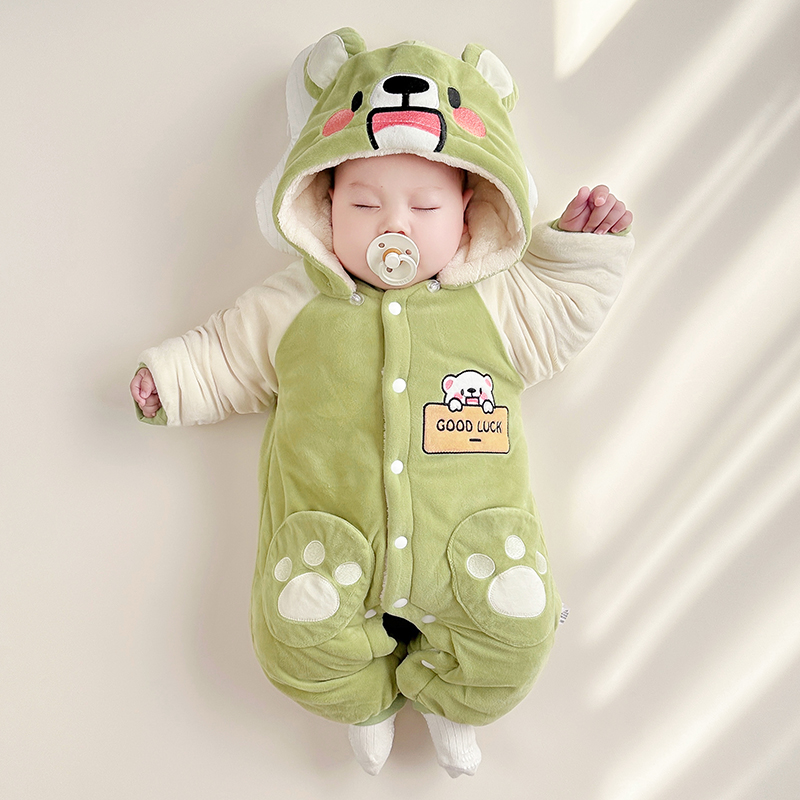 新生婴儿衣服秋冬季连体衣宝宝加厚哈衣保暖棉衣绒面加绒哈衣可爱