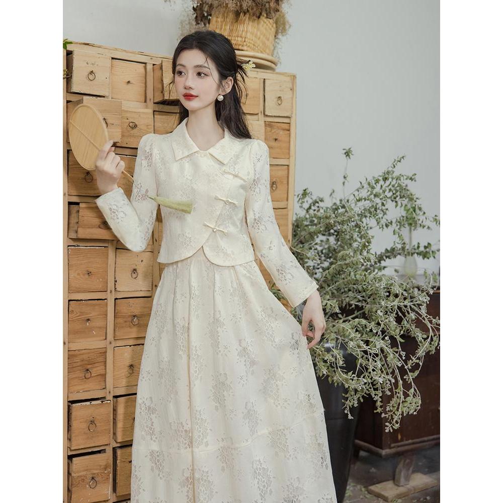 新中式国风改良旗袍盘扣衬衫女搭配半身裙2023新款秋冬套装两件套