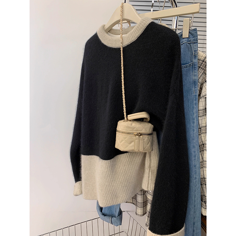 慵懒风撞色拼接套头针织衫秋冬女装小个子宽松外穿毛衣中长款上衣