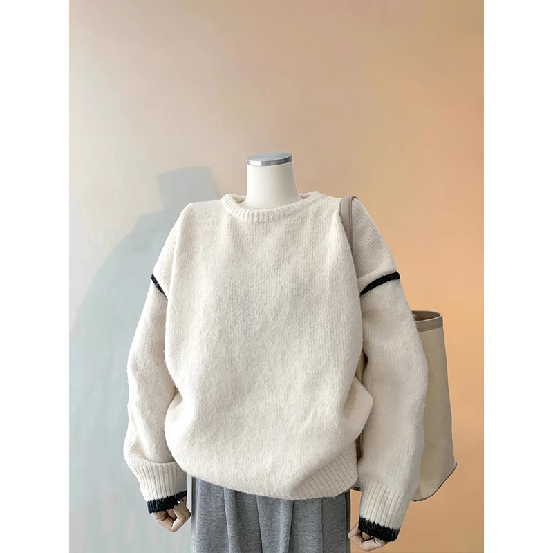 慵懒风白色套头毛衣针织衫秋冬女装小个子宽松内搭打底衫洋气上衣