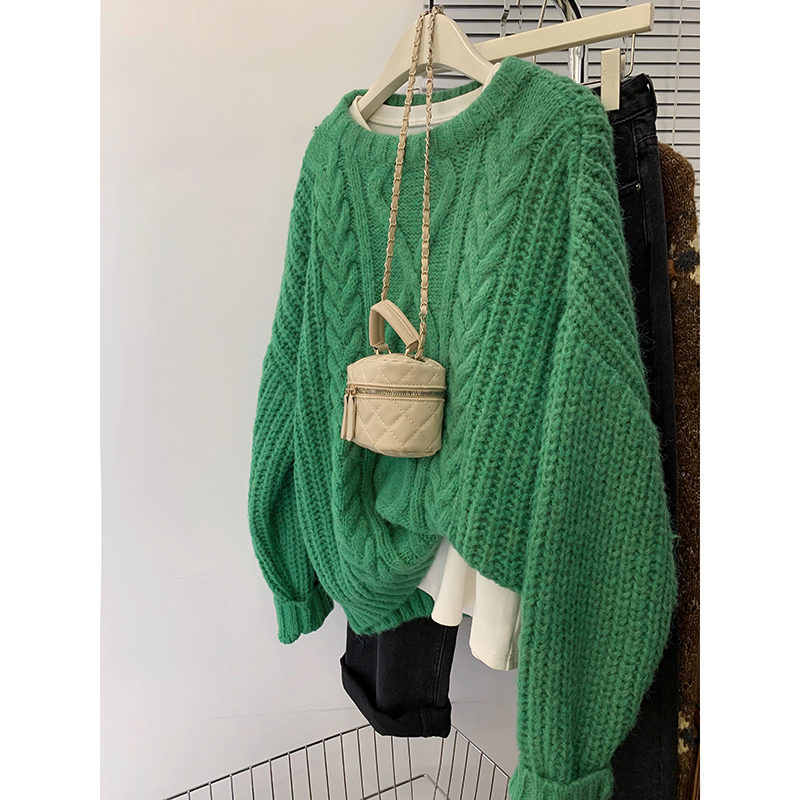 慵懒风绿色麻花套头针织衫秋冬女装2023新款加厚毛衣外套高档上衣