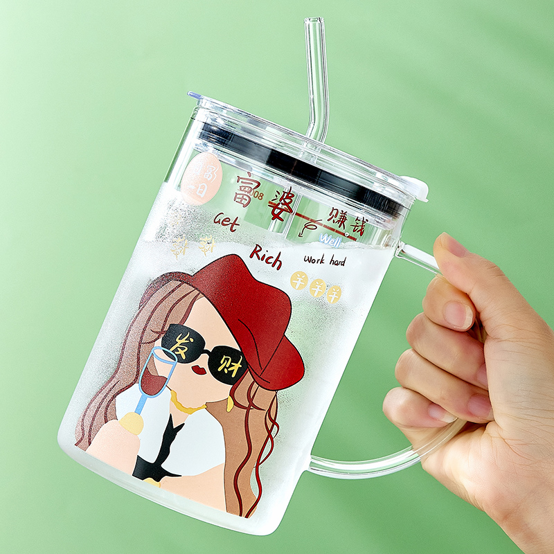 玻璃杯大容量水杯玻璃带吸管杯女生高颜值办公室喝水大杯子1000ml