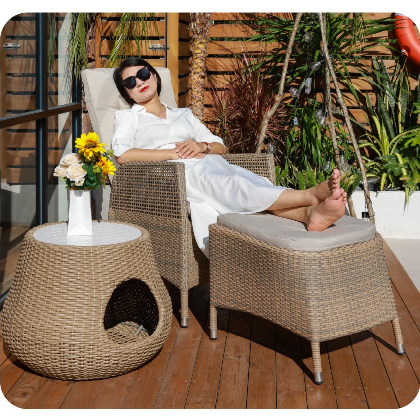 精致藤椅三件套阳台休闲桌椅可调节躺椅舒适软包带脚踏边几带猫窝