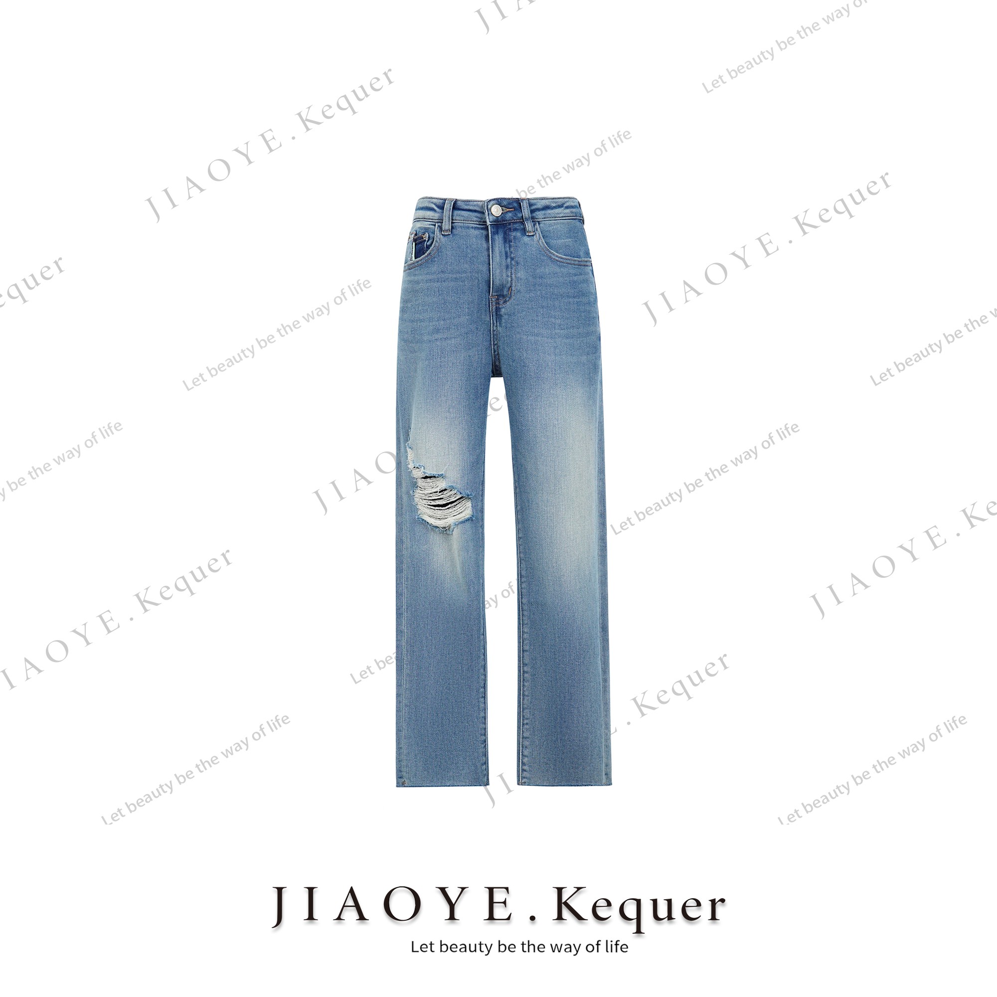 姣爷可趣儿 破洞水洗牛仔裤女装直筒春季重工 K230223NZK-DA3207