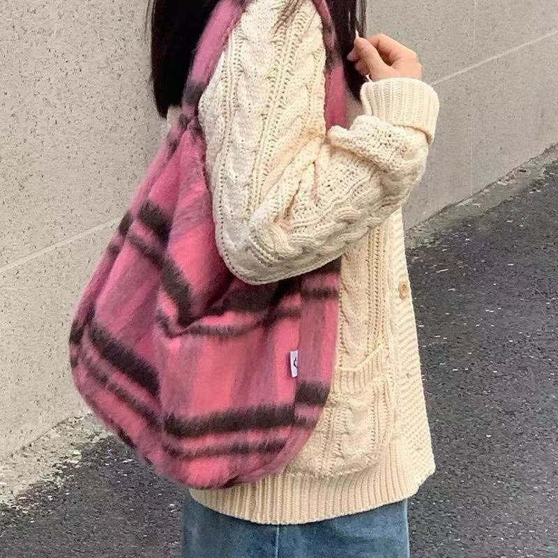 秋冬毛呢粉色大容量托特包洋气格纹呢子水桶单肩包上课通勤大包女