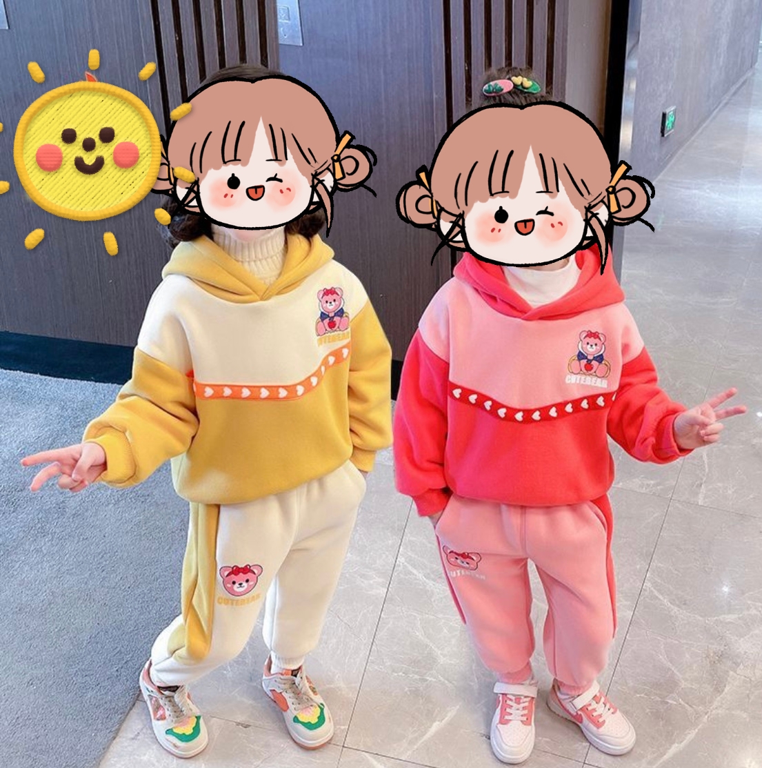 9822拼色小熊加绒套装