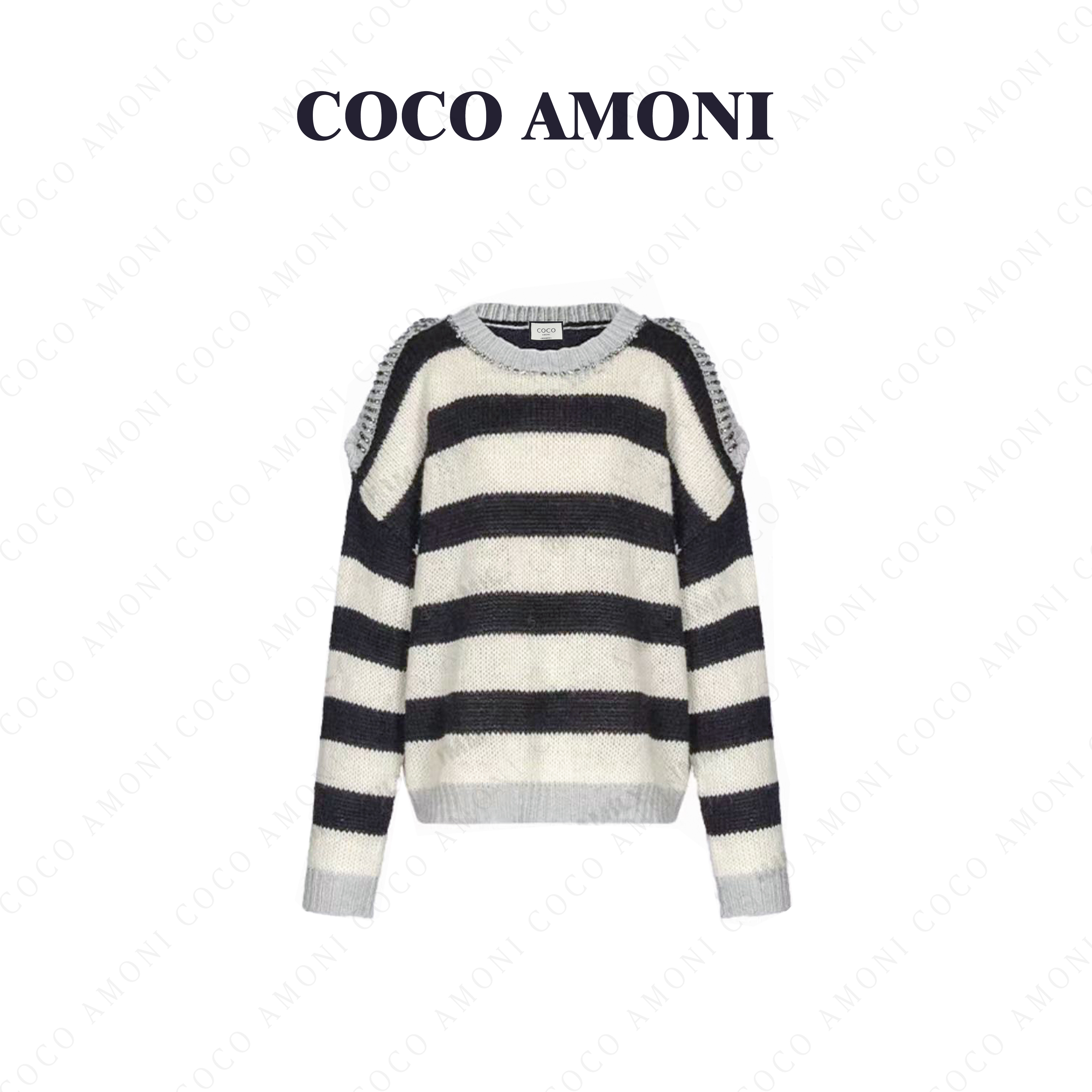 设计感撞色条纹露肩镶钻圆领针织衫网红时尚百搭长袖上衣NZ213