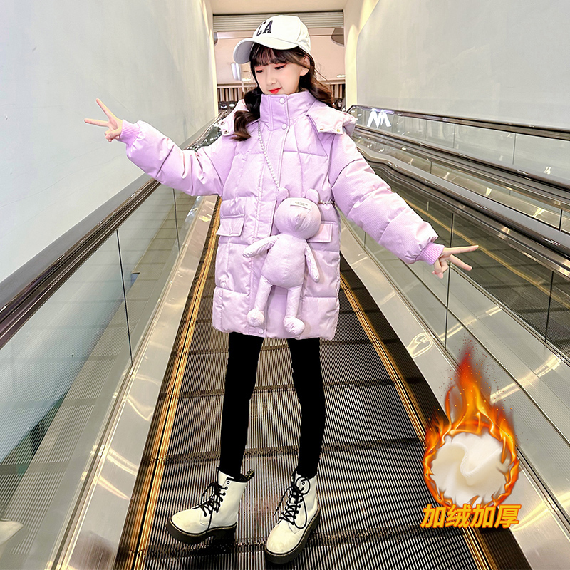 女童棉衣儿童外套加厚冬装2023新款女大童冬季中长款宽松连帽棉袄