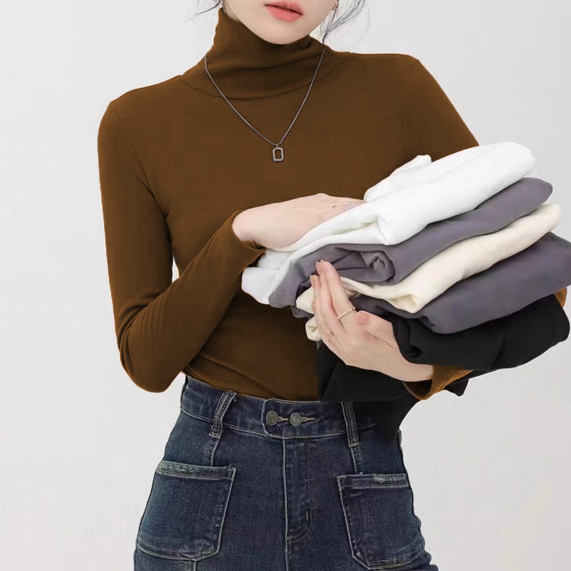 秋冬季高领双面德绒纯色打底衫女秋冬内搭外穿保暖纯色长袖修身薄