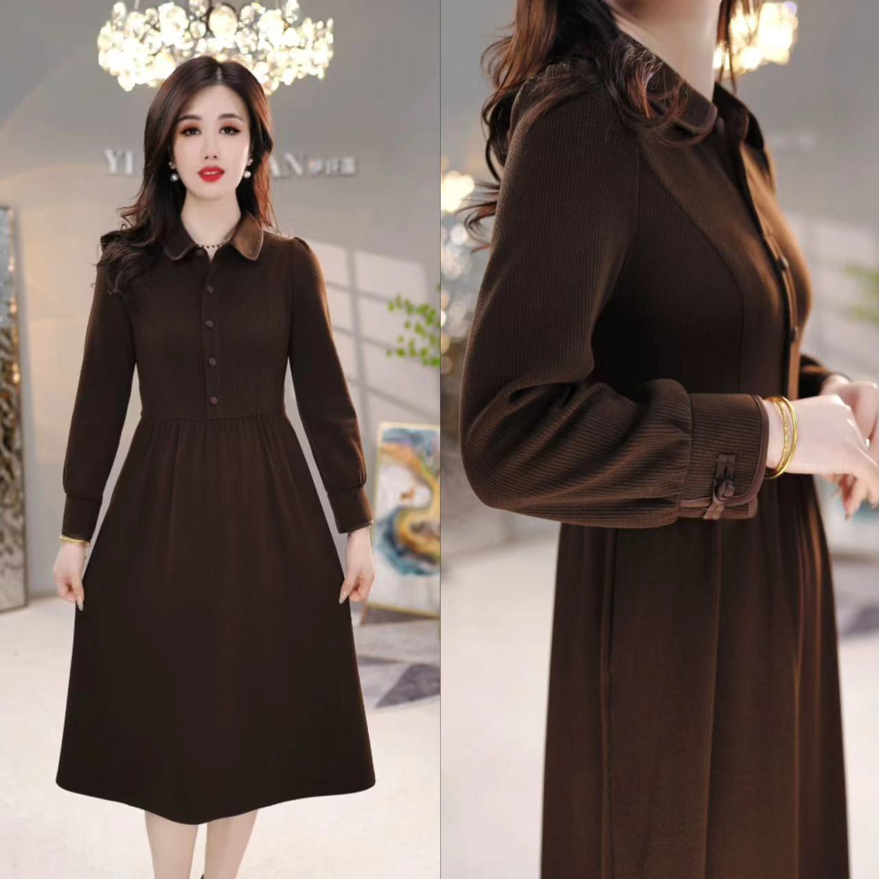 2023秋冬内搭外穿设计师款轻奢高端美拉德百搭中长款连衣裙M-4XL