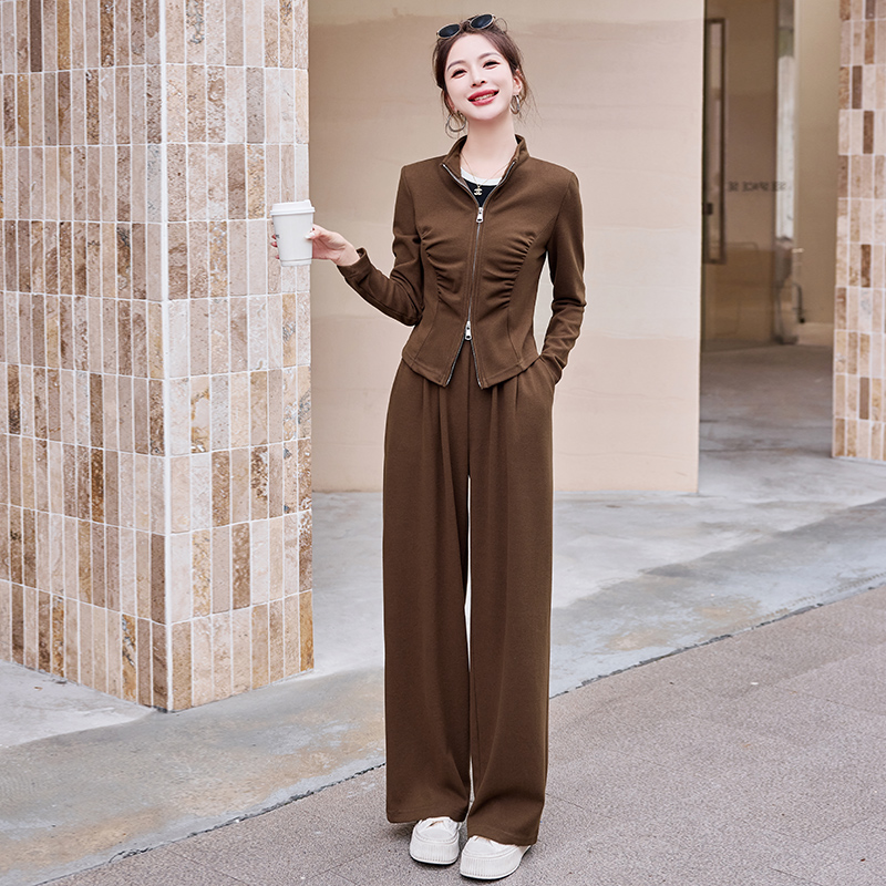 网红洋气阔腿裤子套装女2024春季新款时尚休闲显瘦显高针织两件套