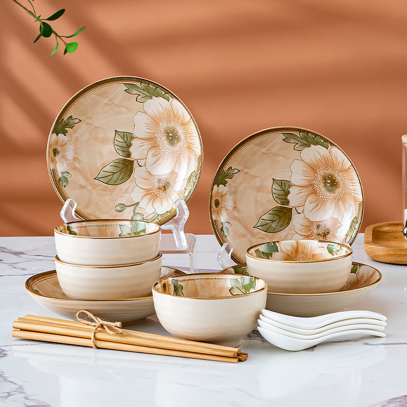 句途山茶花16件陶瓷餐具套装家用米饭碗饭碗菜盘子高颜值釉下彩