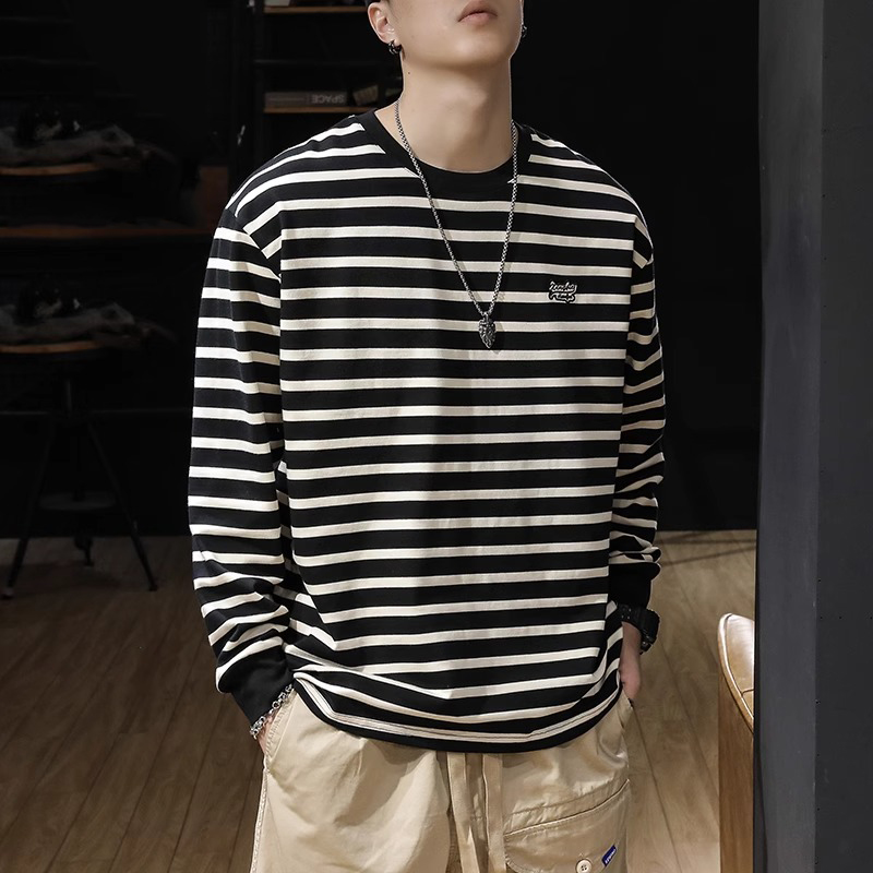 320g重磅纯棉秋季条纹长袖t恤男宽松大码加肥加大卫衣春秋打底衫