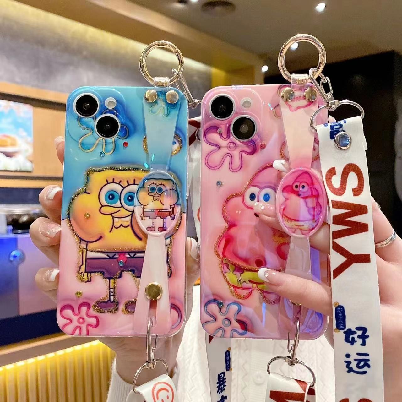 华为/荣耀/oppo/vivo/苹果3D海绵宝宝斜挂绳14promax手机壳13腕带