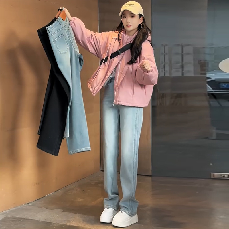 怡薇莲牛仔裤女冬季新款直筒加绒加厚胖mm长腿女士显高显瘦长裤子