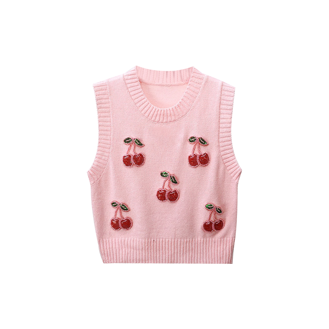 【闪闪】BX3471樱桃刺绣图案无袖百搭背心针织休闲上衣