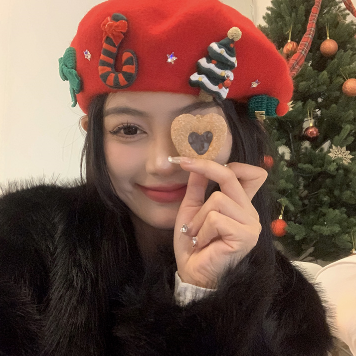 韩系软甜系少女圣诞系列贝雷帽女冬季保暖毛茸画家帽新年红色帽子
