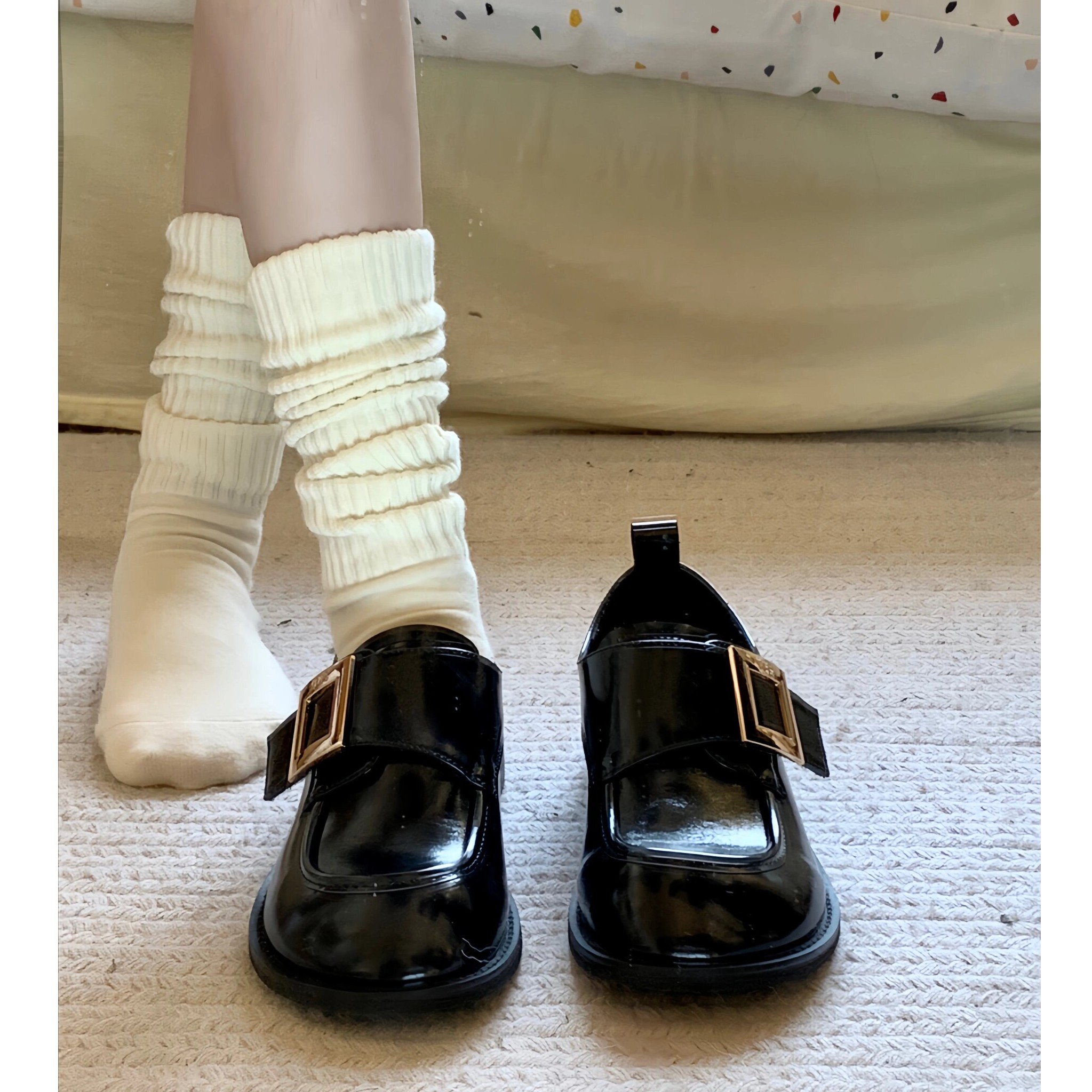 miaolv/妙侣真皮粗跟乐福鞋女2023冬季英伦风一脚蹬小皮鞋单鞋