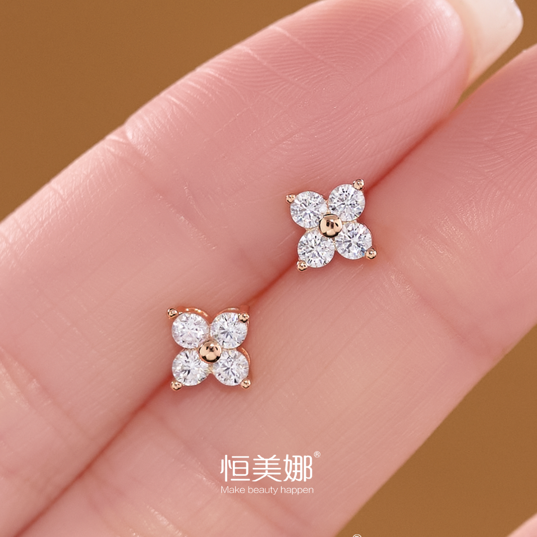 恒美娜 925银莫桑石耳饰 花花螺丝耳钉镶钻简约精致小巧百搭小众