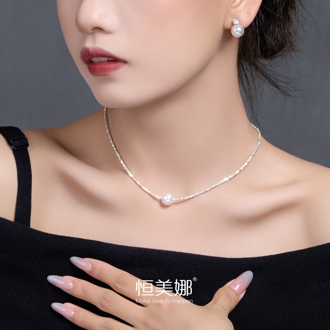 恒美娜 坠链均925银 碎银子单珠项链简约百搭ins轻奢锁骨链时尚女