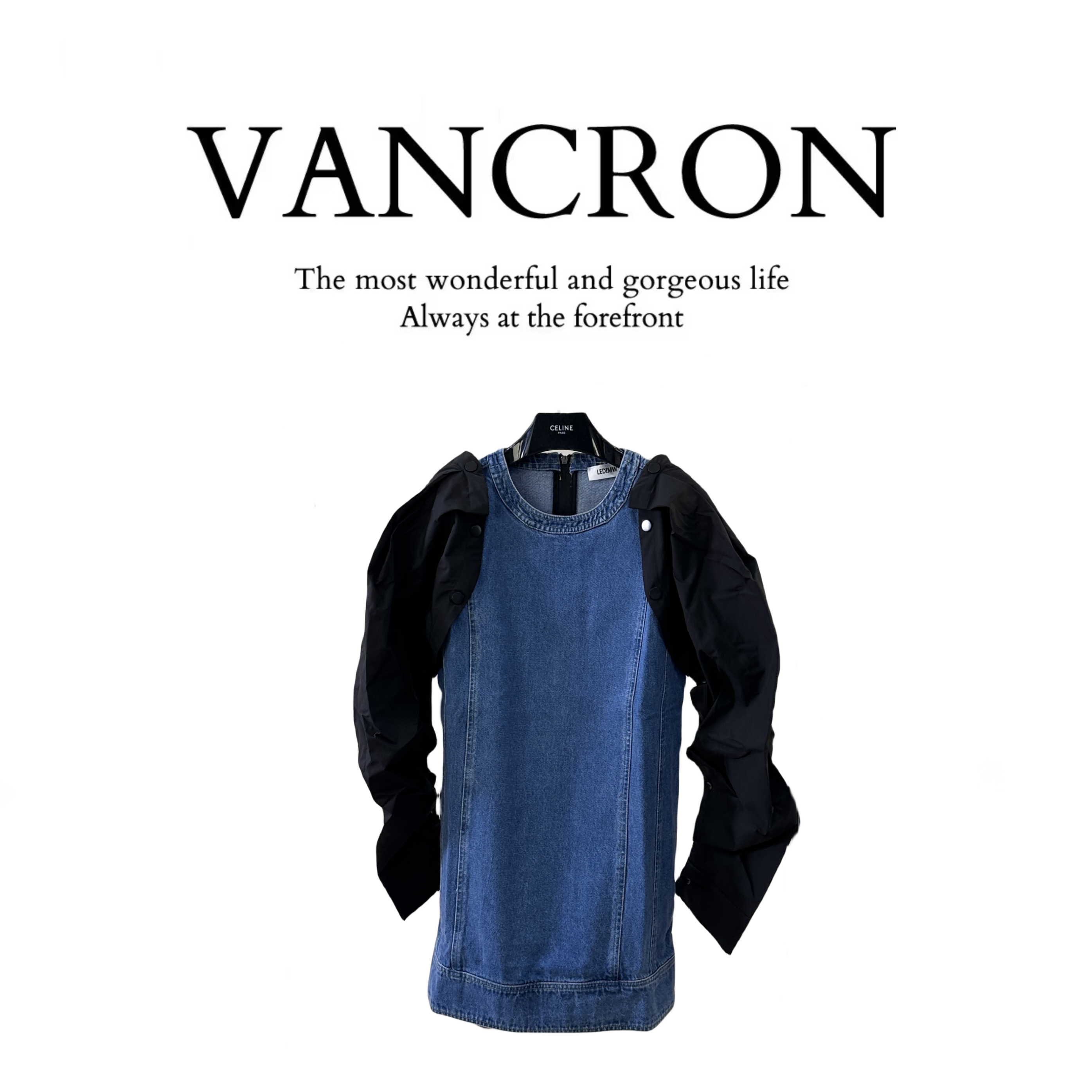 Van Cron/梵克龙衬衫袖拼接连衣裙气质女装秋季显瘦宽松休闲小众