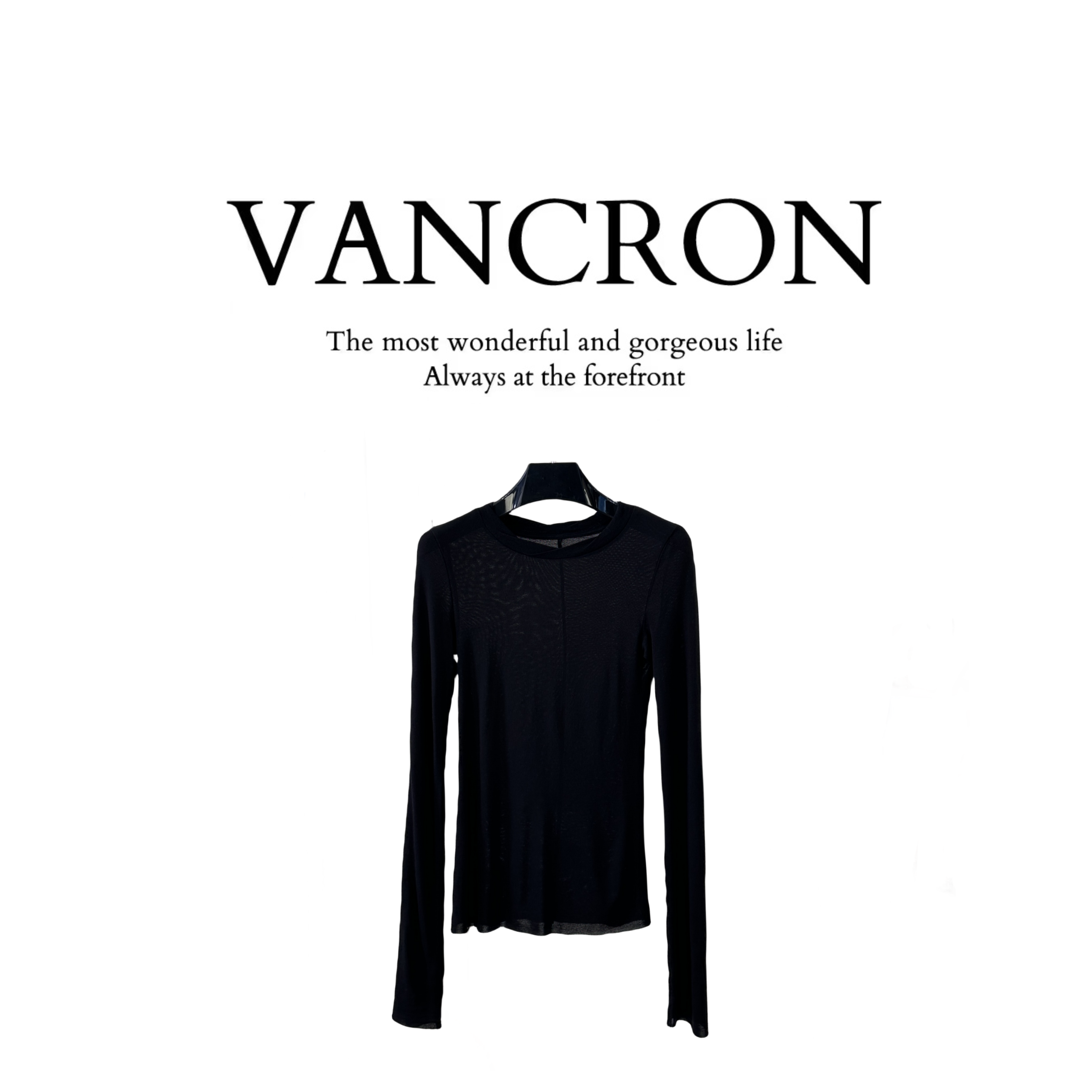 Van Cron/梵克龙波浪领打底纯色修身圆领休闲时尚百搭气质黑色T恤