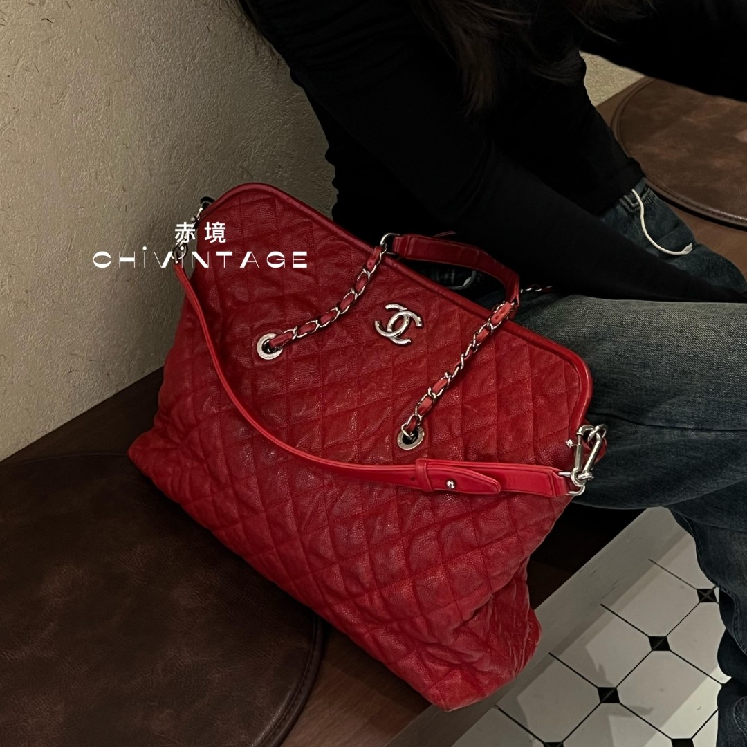 95新 Chanel/香奈儿 4340 红色双肩带hobo托特单肩11