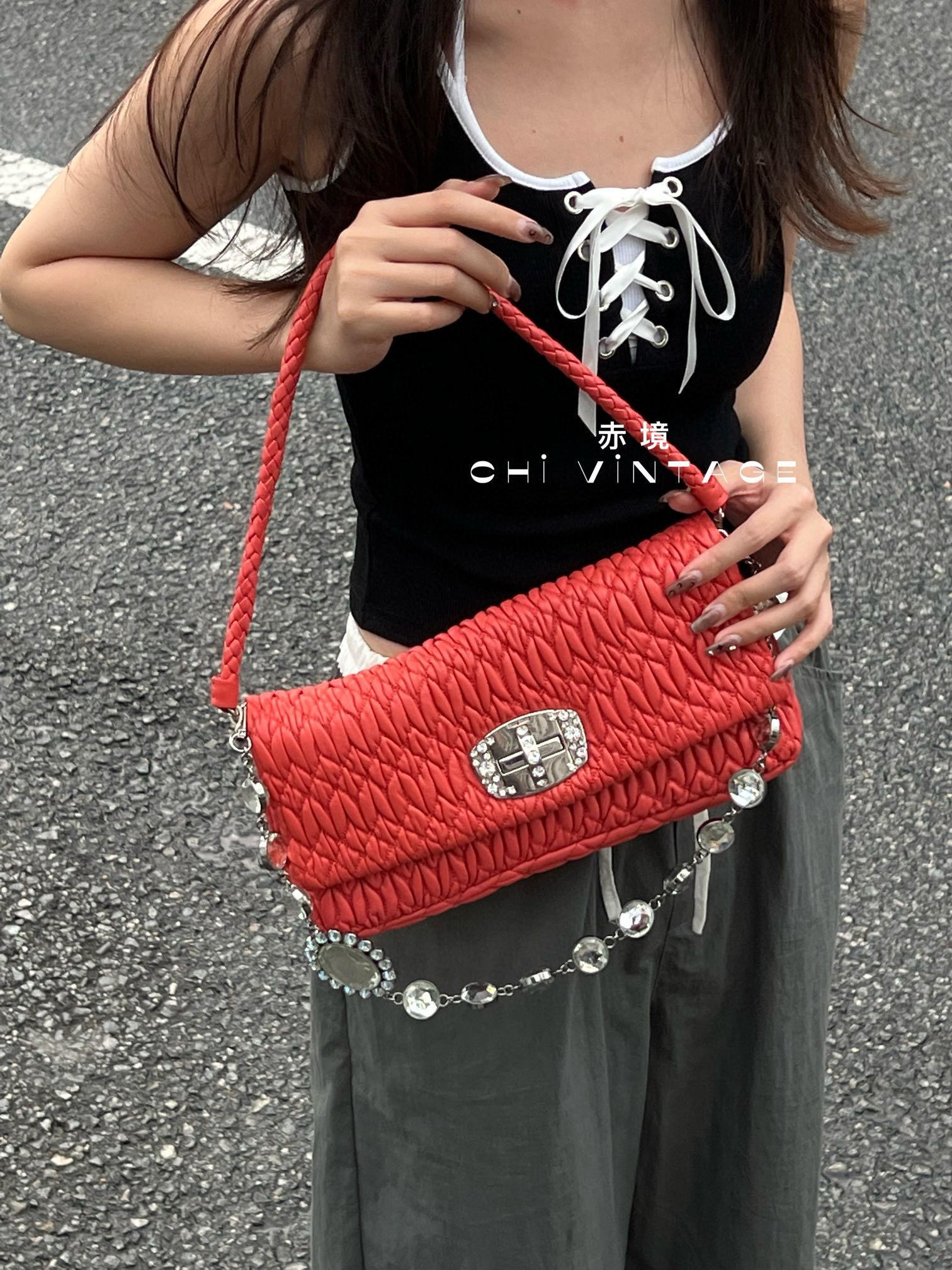 95新 MIU MIU/缪缪 1945 橘红色宝石褶皱腋下小号时尚复古气质ins