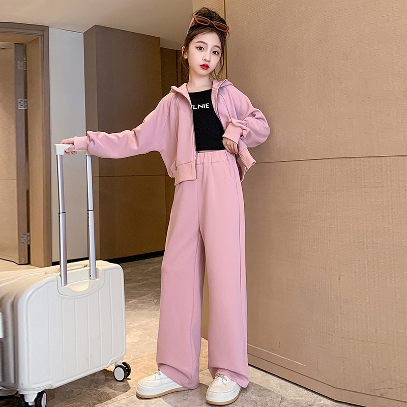 女童套装秋装2023新款洋气儿童韩版时髦中大童春秋连帽运动两件套