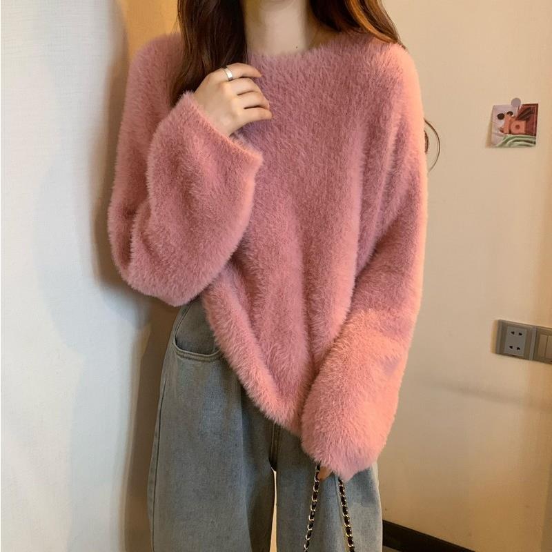 系简约纯色仿仿水貂绒毛茸茸毛衣女宽松保暖加厚小个子内搭长袖上