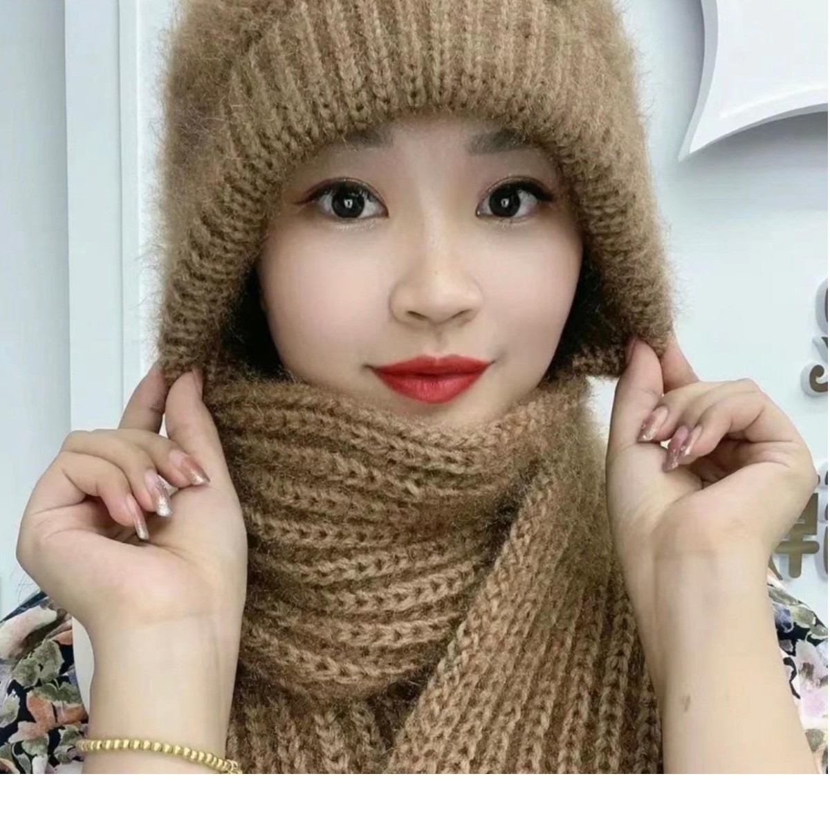 新店开业帽子围巾一体加厚风雪帽秋冬加绒毛线编织保暖帽挂脖围脖