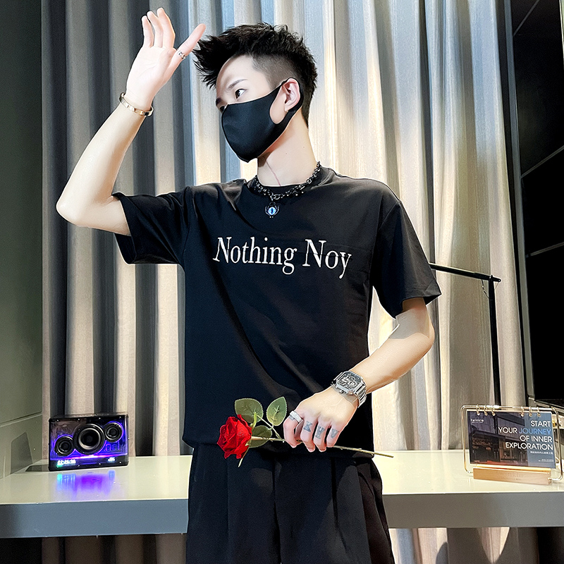 男士短袖t恤夏季圆领字母印花半袖体恤2024新款休闲简约男装上衣