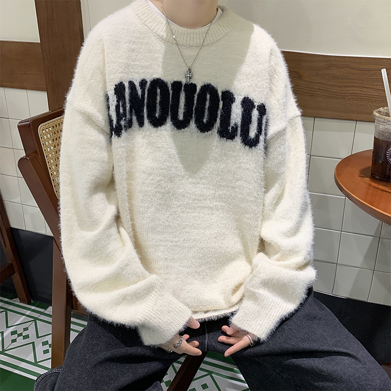 秋冬新款毛衣男慵懒风休闲圆领针织衫美式复古字母提花情侣毛线衣