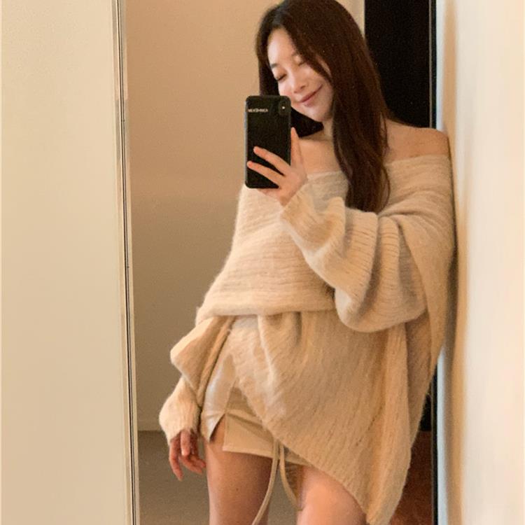 软糯气质风别致女202慵懒风小众一字肩翻领慵懒针织衫潮显瘦网红