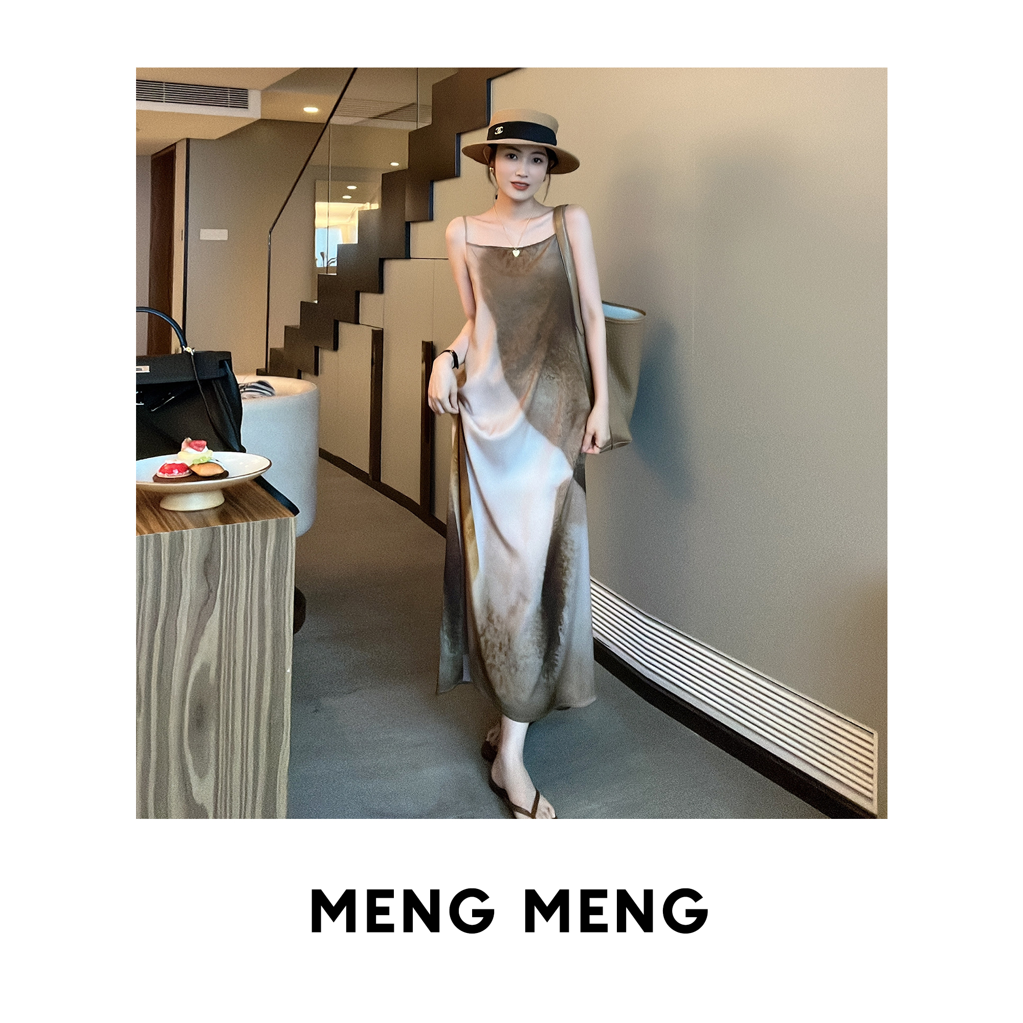THE MENG【枫叶焦糖】气质吊带时尚显瘦琥珀色连衣裙#QL9822